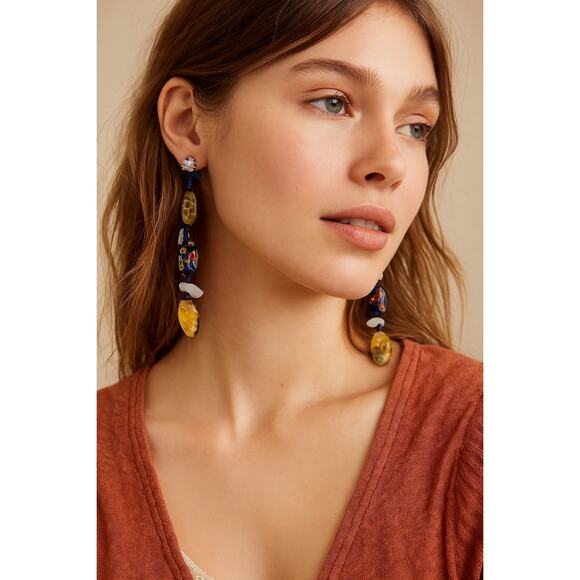 Free People Boho Glass Bead Earrings Floral Dangle Drop Artisan Jewelry NWT - Picture 1 of 5